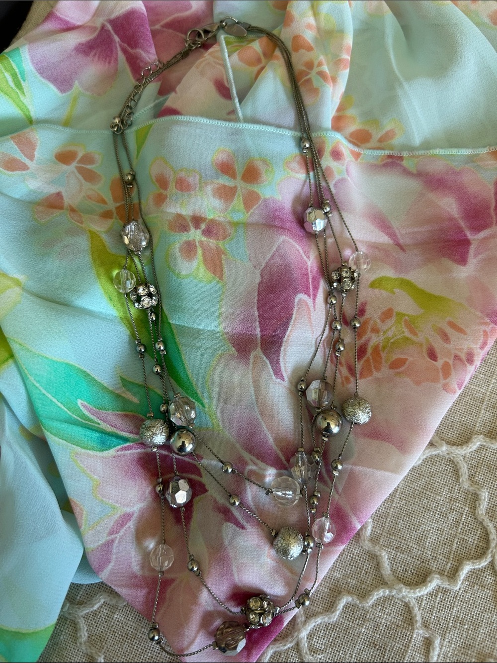 New York & Company Silver Multi-Strand Necklace with silver tone and Clear Beads
